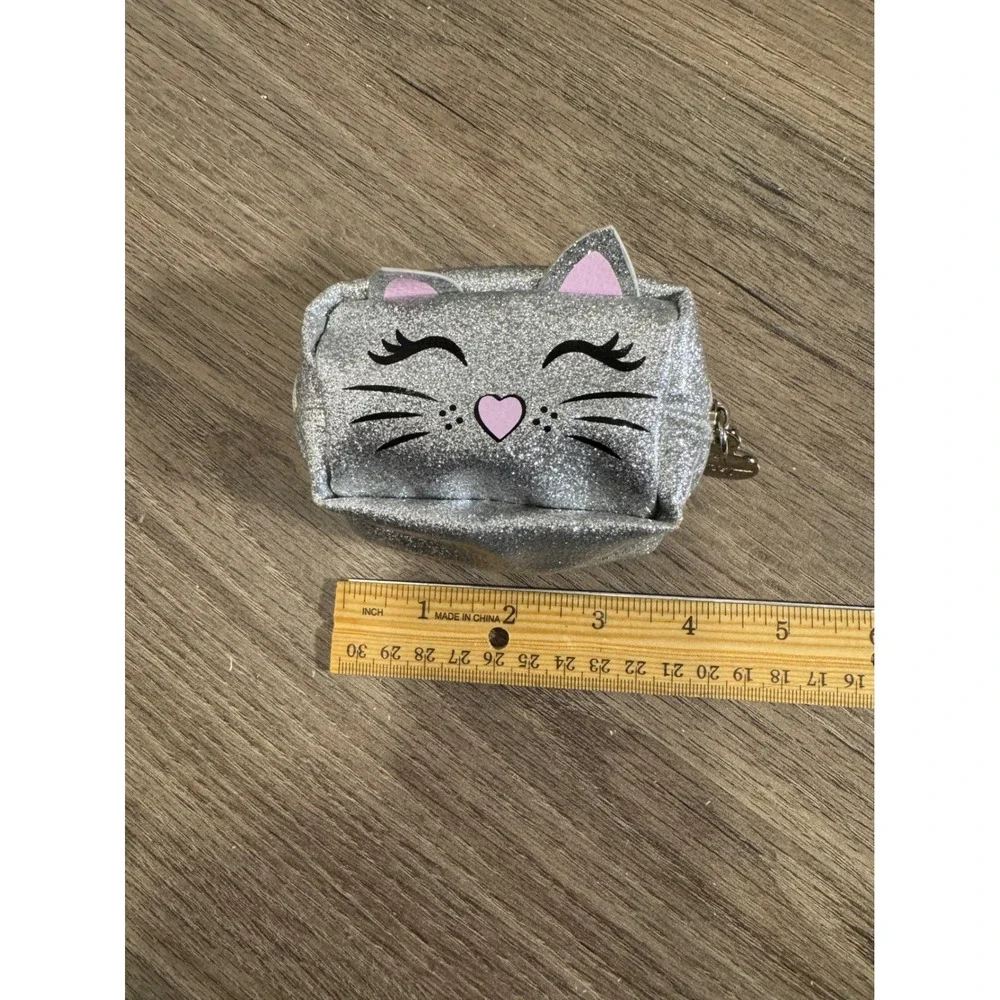 Betsey Johnson Glitter Cat Face Coin Purse Pouch Keychain‎ Silver